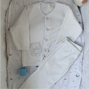 ⭒ 12M Formal Wedding Baptism White Long Sleeve Pants Silver Bear Button-Up ⭒